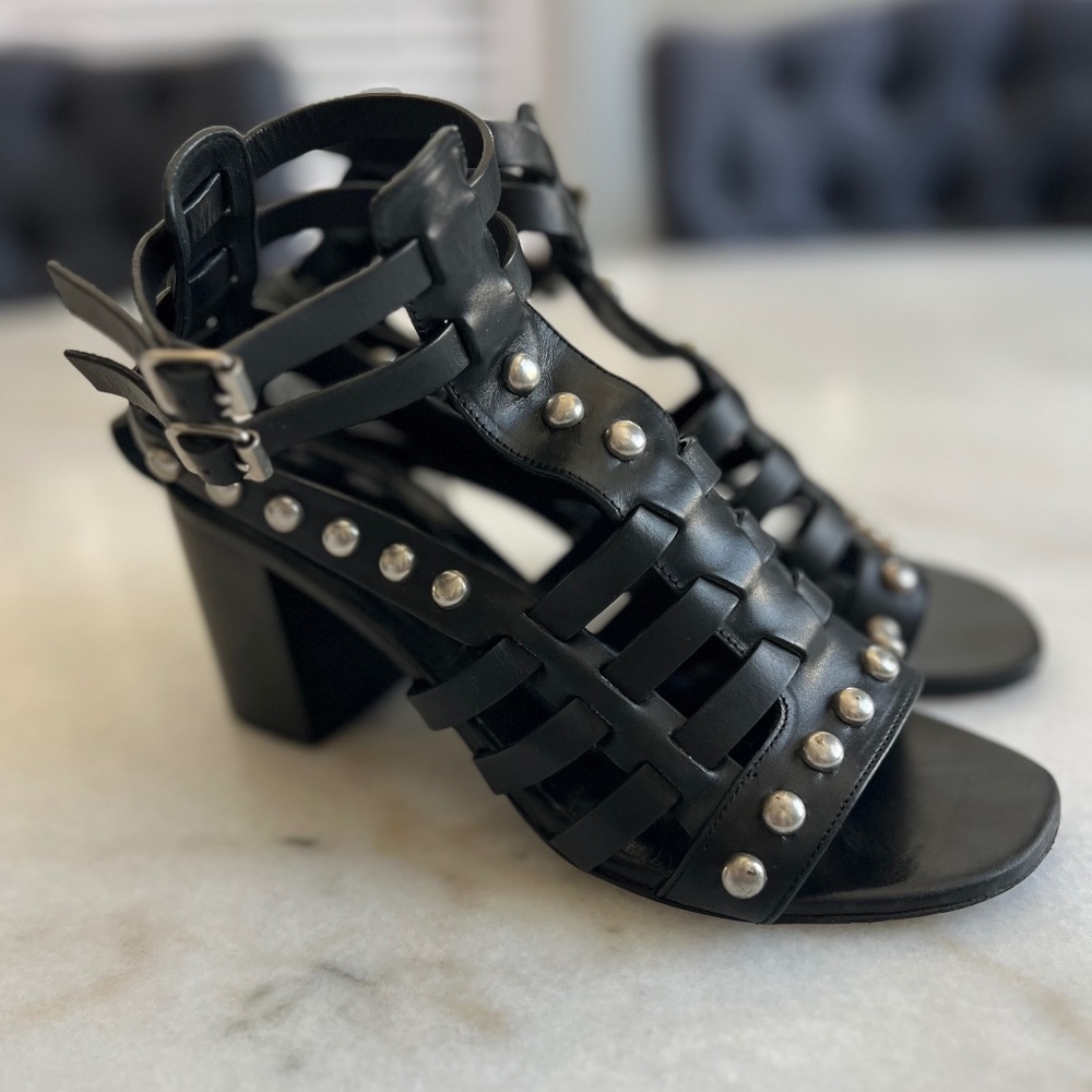 YSL Saint Laurent Calfskin Stud Block Heel Gladiator Sandals Black 37 / US 7 - Picture 5 of 13